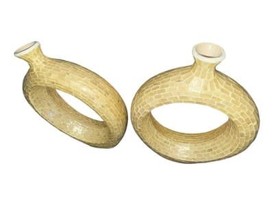 Pair Mosaic Ring Vases Decorative Tabletop Sculptures Beige 15” Modern - Thumbnail 6