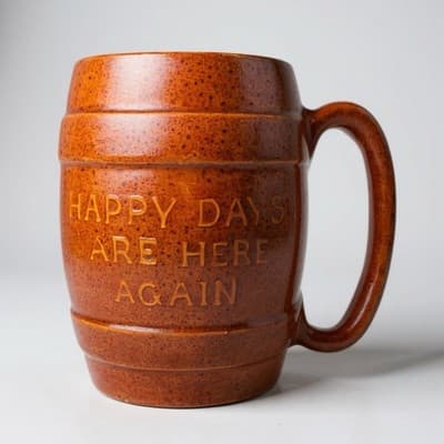 Vintage "Happy Days are Here Again" Barrel Mug Hull Pottery 497 - Image 1