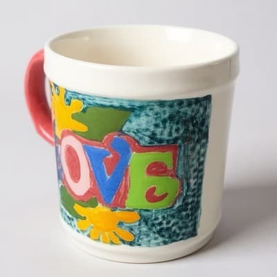 Vintage 70'S Handmade Ceramic "LOVE" Flowers Coffee Tea Mug Cup Retro Groovy - Thumbnail 2