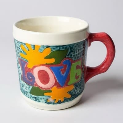 Vintage 70'S Handmade Ceramic "LOVE" Flowers Coffee Tea Mug Cup Retro Groovy