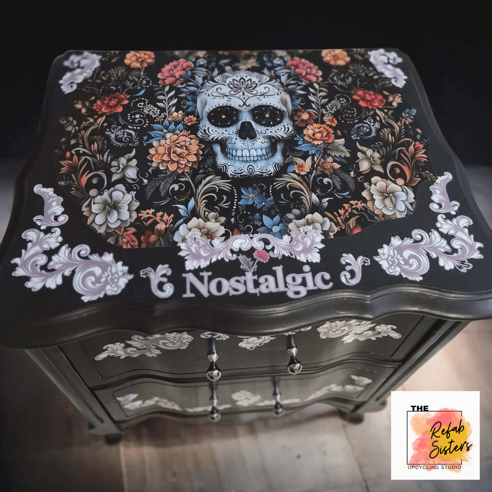 Nostalgic Skull Floral Nightstand with Drawers - Image 1