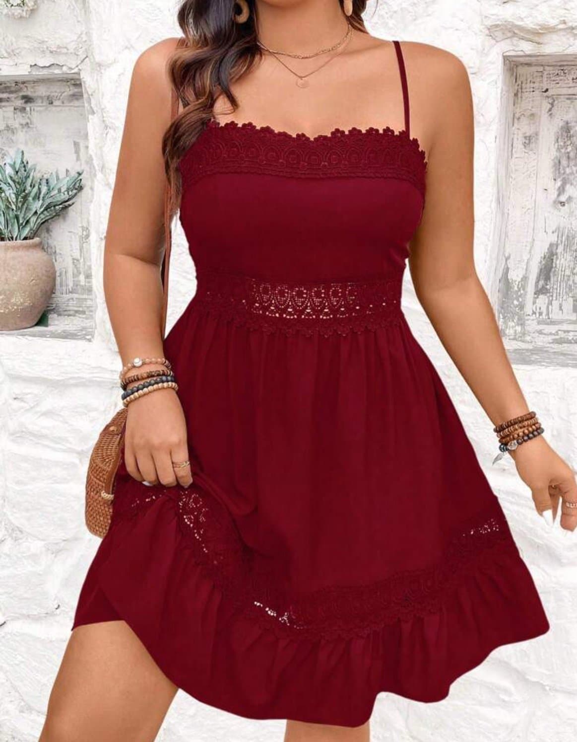 Elegant Burgundy Lace Trim Mini Dress Plus Size - Image 1