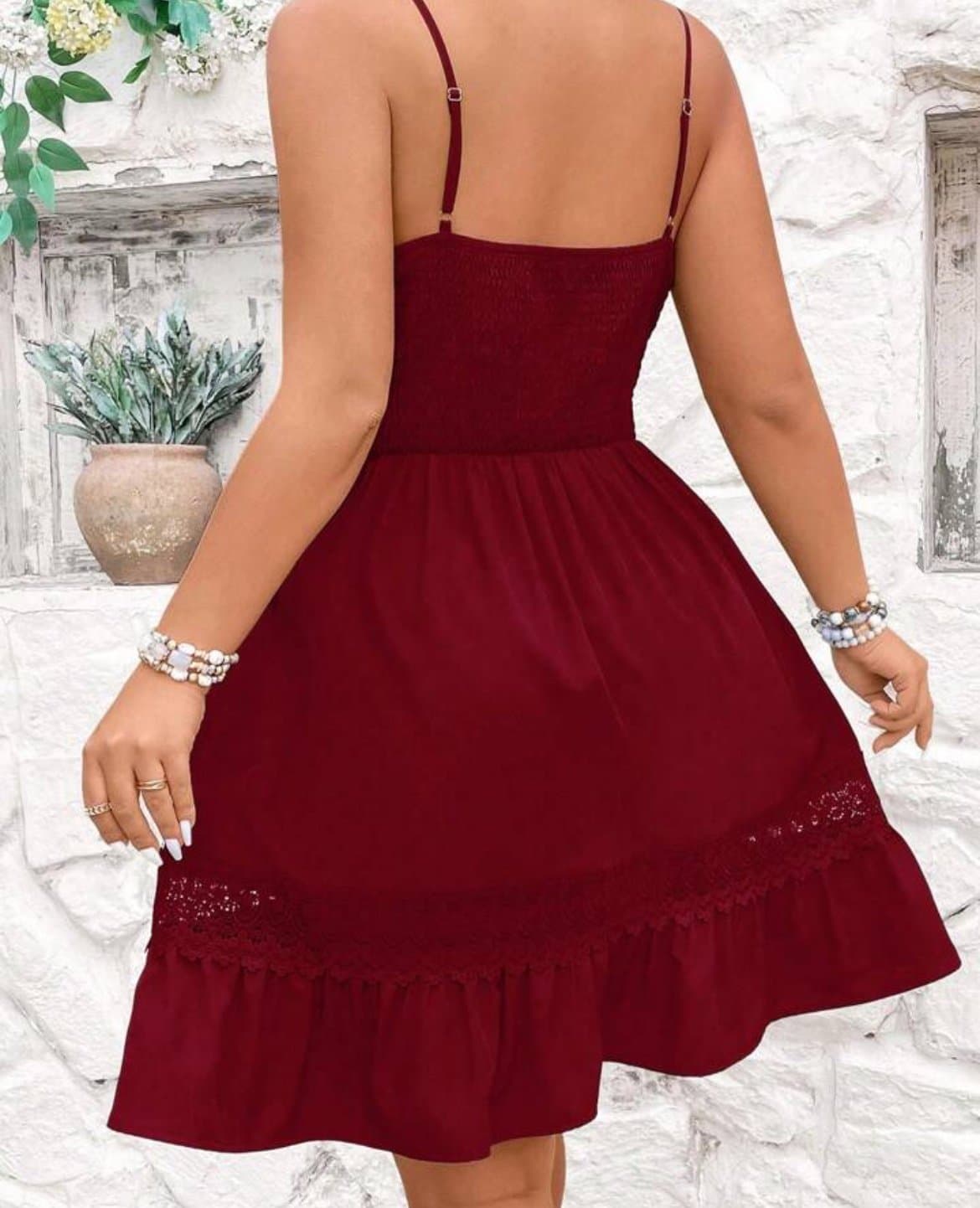 Elegant Burgundy Lace Trim Mini Dress Plus Size - Thumbnail 2