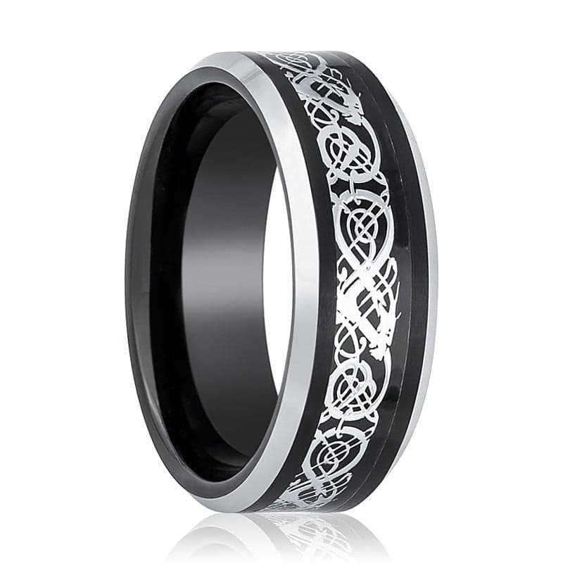Bettler Black Tungsten Ring Celtic Cut Out Design w/ Silver Bevel - Image 1