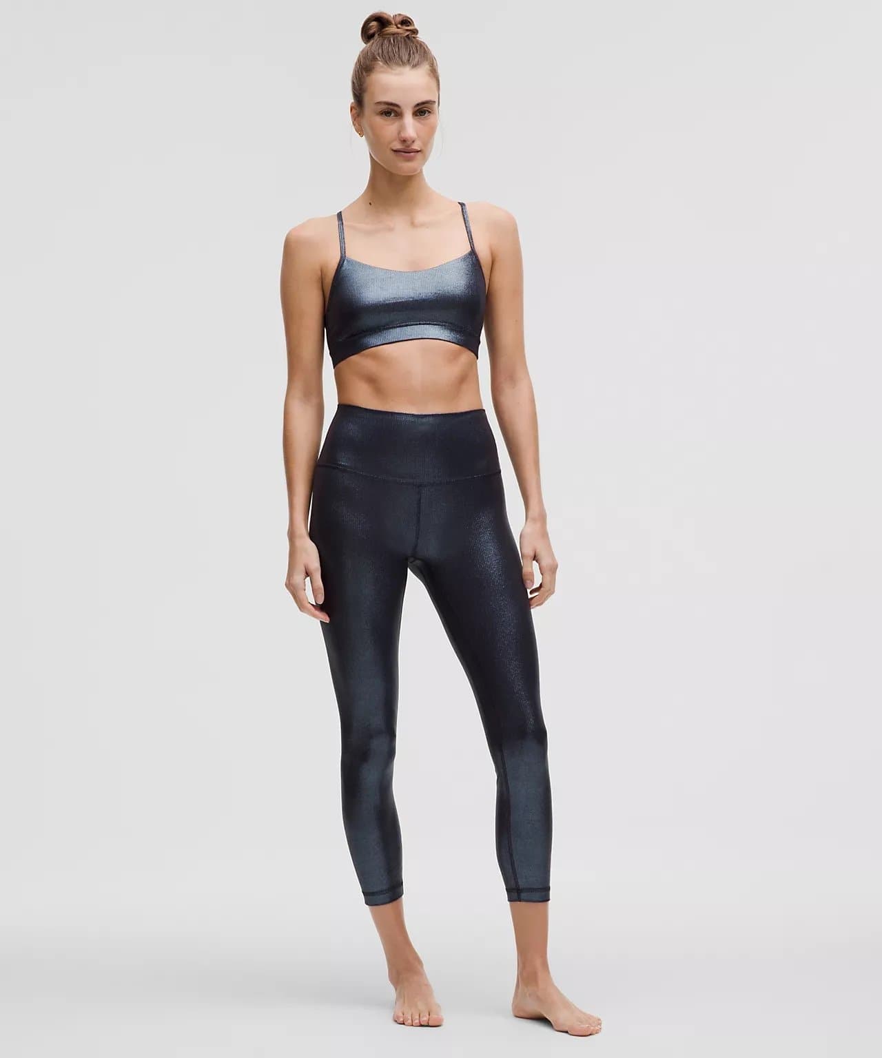 NWT Lululemon Flow Y Bra Nulu Light Support, A–C Cups in Black Foil Ribbed Shine - Thumbnail 2