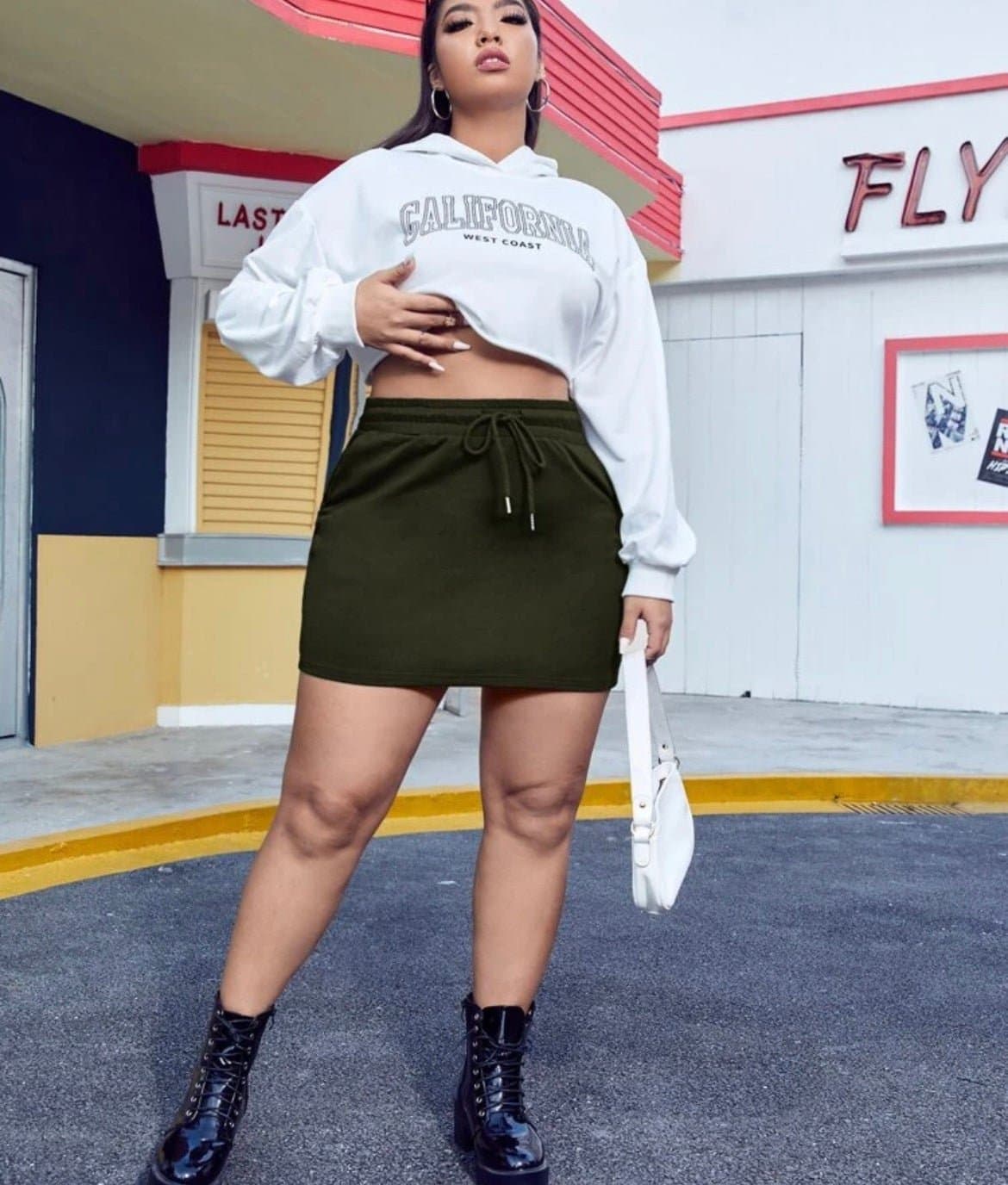 New Olive Green Drawstring Waist Skirt - Thumbnail 6