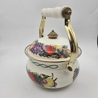 Vintage Lincoware Enamel Tea Kettle White CORNUCOPIA Fruit Farmhouse Kitchen - Thumbnail 4