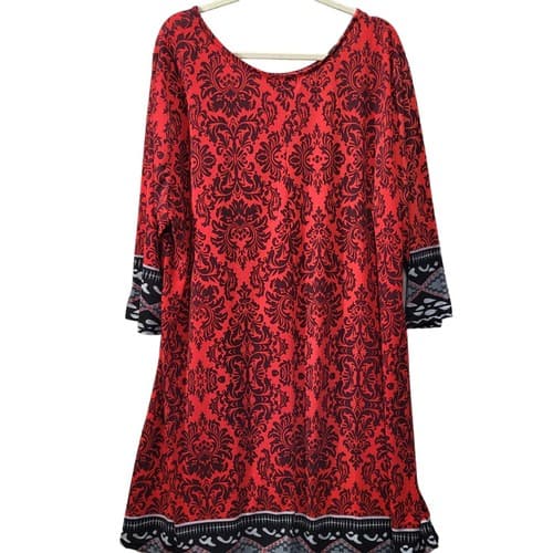 R&B Collection Womens Plus Dress Red Plus 2X Paisley Aztec Brushed Poly Pockets - Thumbnail 2