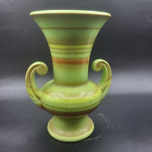 Vintage Japanese Vase Urn Green Double Handles Orange Stripes MCM Cottagecore - Thumbnail 3