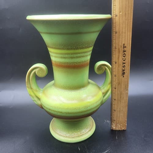 Vintage Japanese Vase Urn Green Double Handles Orange Stripes MCM Cottagecore - Thumbnail 10