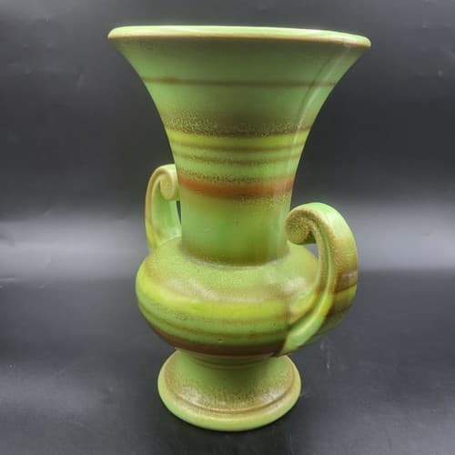 Vintage Japanese Vase Urn Green Double Handles Orange Stripes MCM Cottagecore - Thumbnail 4