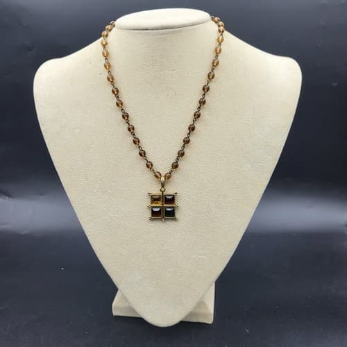 Napier Square Pendant Necklace Brown Glass Beads Amber Green Gold Stones Vintage - Thumbnail 4