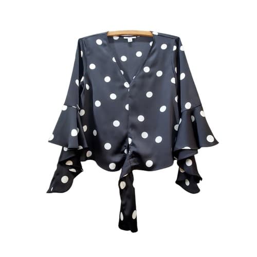 Bar III Women Blouse Top Black S Cropped White Polka Dots Bell Sleeves Front Tie - Thumbnail 3