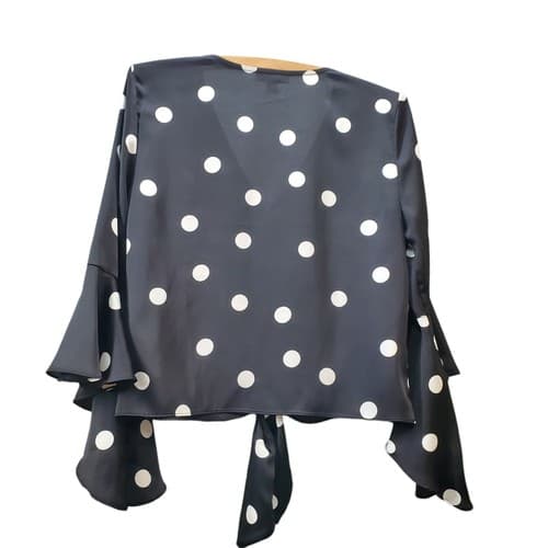 Bar III Women Blouse Top Black S Cropped White Polka Dots Bell Sleeves Front Tie - Thumbnail 4