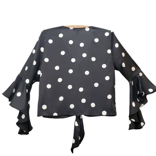 Bar III Women Blouse Top Black S Cropped White Polka Dots Bell Sleeves Front Tie - Thumbnail 2