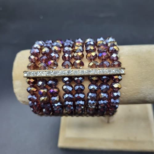 Aurora Borealis Purple Crystal Stretch Cuff Bracelet 8 Strands Rhinestones - Thumbnail 3