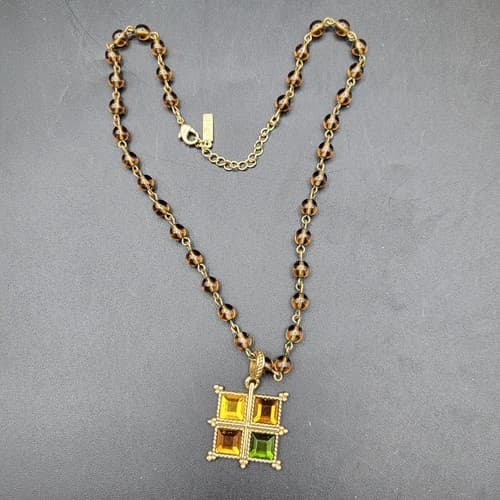 Napier Square Pendant Necklace Brown Glass Beads Amber Green Gold Stones Vintage - Thumbnail 8
