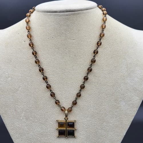 Napier Square Pendant Necklace Brown Glass Beads Amber Green Gold Stones Vintage - Thumbnail 2