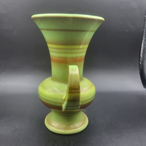 Vintage Japanese Vase Urn Green Double Handles Orange Stripes MCM Cottagecore - Thumbnail 2
