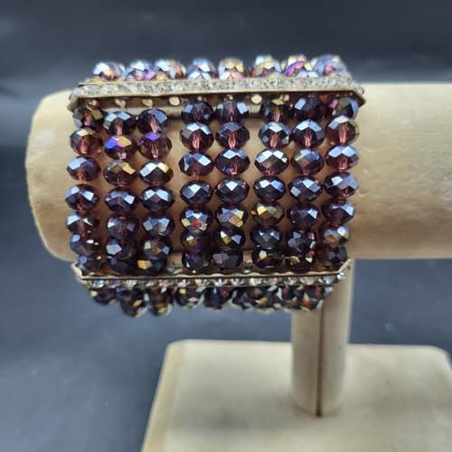 Aurora Borealis Purple Crystal Stretch Cuff Bracelet 8 Strands Rhinestones - Thumbnail 2