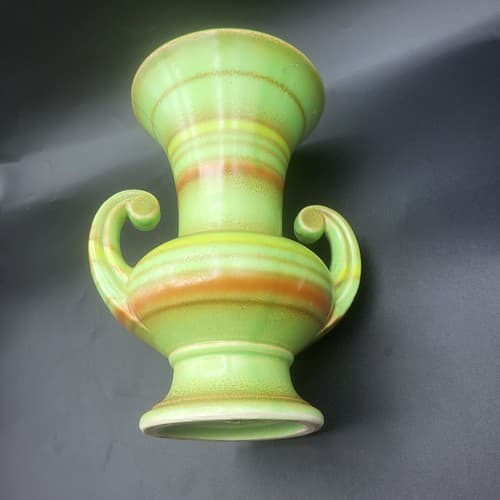Vintage Japanese Vase Urn Green Double Handles Orange Stripes MCM Cottagecore - Thumbnail 7