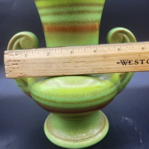 Vintage Japanese Vase Urn Green Double Handles Orange Stripes MCM Cottagecore - Thumbnail 11