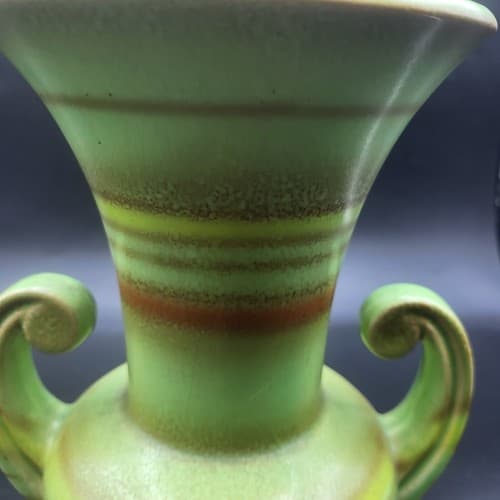 Vintage Japanese Vase Urn Green Double Handles Orange Stripes MCM Cottagecore - Thumbnail 9