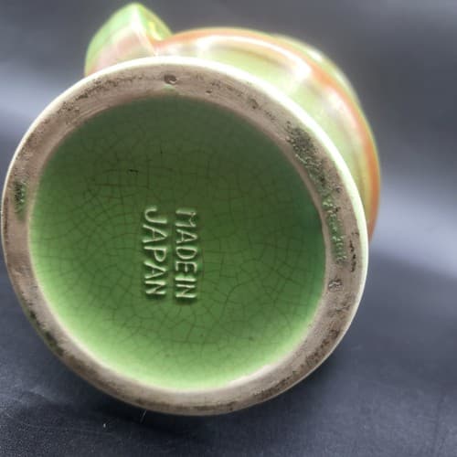 Vintage Japanese Vase Urn Green Double Handles Orange Stripes MCM Cottagecore - Thumbnail 6