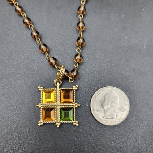 Napier Square Pendant Necklace Brown Glass Beads Amber Green Gold Stones Vintage - Thumbnail 9