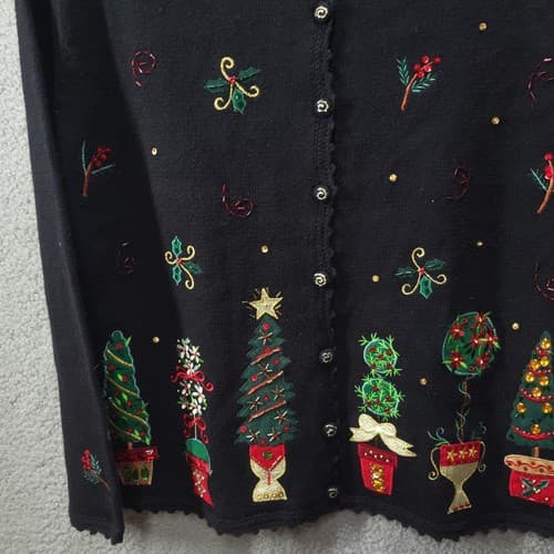 Vintage Womens Christmas Sweater Black M Embellished Heirloom Collectibles Trees - Thumbnail 3