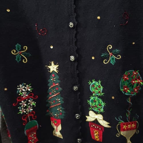 Vintage Womens Christmas Sweater Black M Embellished Heirloom Collectibles Trees - Thumbnail 4