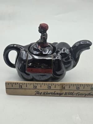 Vintage Elephant Boy Japanese Teapot Black Red Whimsical Exotic Ceramic MCM - Thumbnail 11