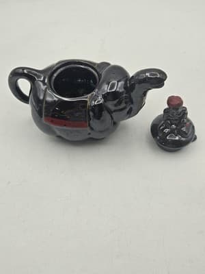 Vintage Elephant Boy Japanese Teapot Black Red Whimsical Exotic Ceramic MCM - Thumbnail 5