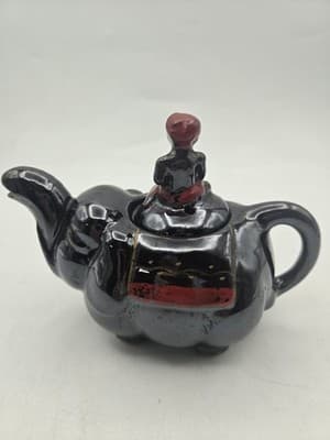 Vintage Elephant Boy Japanese Teapot Black Red Whimsical Exotic Ceramic MCM - Thumbnail 3