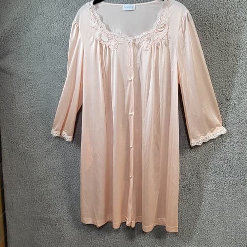 Lorraine Womens Robe Pink M Nylon Lace Pearls Silky Flowey Comfort Vintage USA - Thumbnail 3