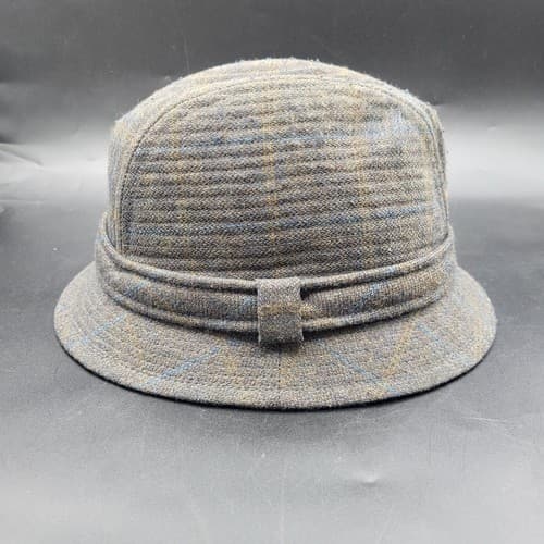 Country Gentleman Hat Cap L Fedora Bucket Traveler Cap Blue Windowpane Vintage - Thumbnail 4