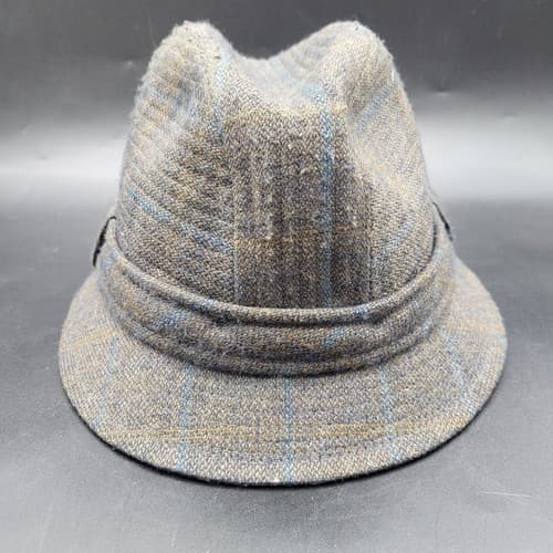 Country Gentleman Hat Cap L Fedora Bucket Traveler Cap Blue Windowpane Vintage - Thumbnail 5