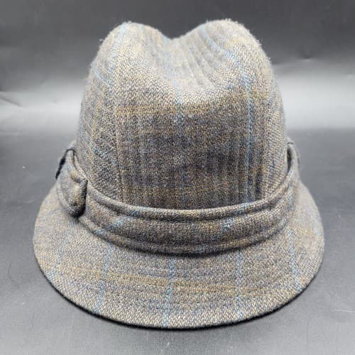 Country Gentleman Hat Cap L Fedora Bucket Traveler Cap Blue Windowpane Vintage - Thumbnail 2
