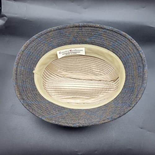 Country Gentleman Hat Cap L Fedora Bucket Traveler Cap Blue Windowpane Vintage - Thumbnail 6