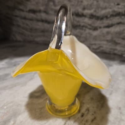 Tilso Handblown Glass Basket Bright Yellow White Interior Clear Applied Handle - Thumbnail 2