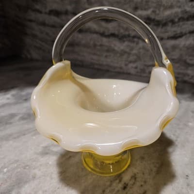 Tilso Handblown Glass Basket Bright Yellow White Interior Clear Applied Handle - Thumbnail 3
