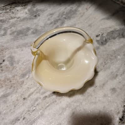 Tilso Handblown Glass Basket Bright Yellow White Interior Clear Applied Handle - Thumbnail 5