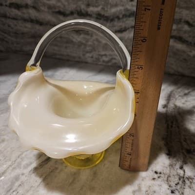 Tilso Handblown Glass Basket Bright Yellow White Interior Clear Applied Handle - Thumbnail 8