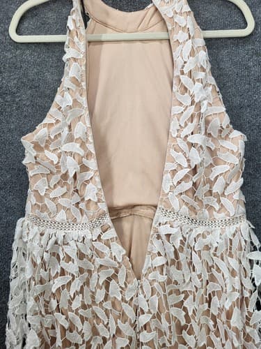 Lisa Lux Dress White M High Neck Bare Shoulders Leaf Cutouts Lined Romantic - Thumbnail 7