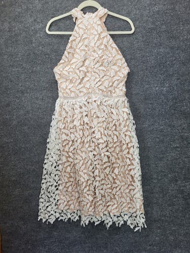 Lisa Lux Dress White M High Neck Bare Shoulders Leaf Cutouts Lined Romantic - Thumbnail 2