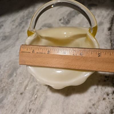 Tilso Handblown Glass Basket Bright Yellow White Interior Clear Applied Handle - Thumbnail 9