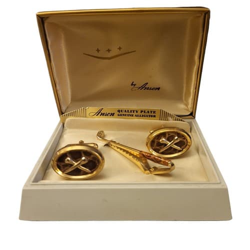 Vintage Mens Anson Cufflink Tie Clip Set Genuine Alligator w/Original Box 1950s - Thumbnail 8