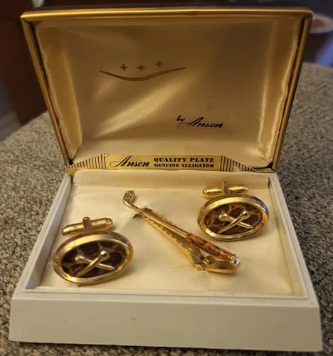 Vintage Mens Anson Cufflink Tie Clip Set Genuine Alligator w/Original Box 1950s - Thumbnail 10