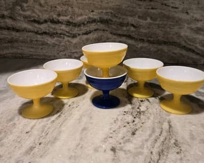 Vintage Hazel Atlas Lot 7 Moderntone Sherbert Cups Berry Dishes Yellow Blue - Image 1