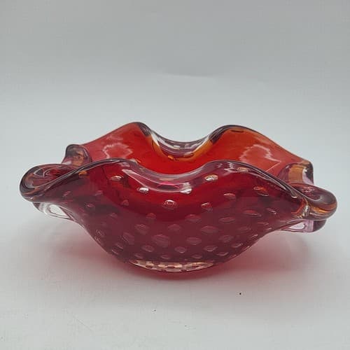 Vintage Hand Blown Dish Ashtray Cigar Art Glass Thick Bullicante Curvy Heavy - Image 1